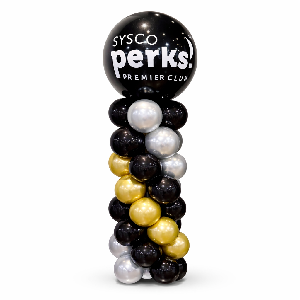Black gold and silver corporate balloon columns with custom logo in Toronto