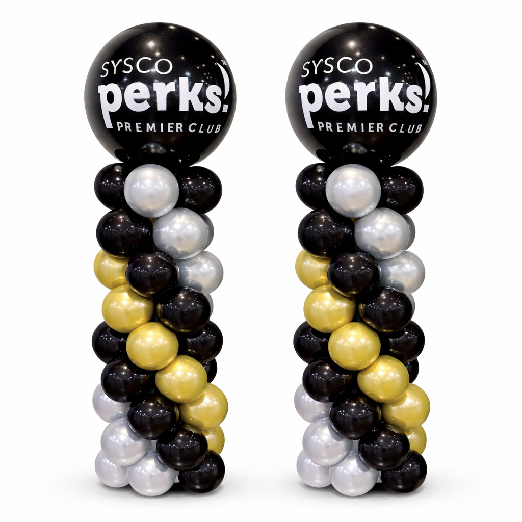 Two corporate balloon columns with custom logo in black, gold and silver, premium event decor for entrances and stage setups in Toronto, branded balloon pillars with same day delivery available