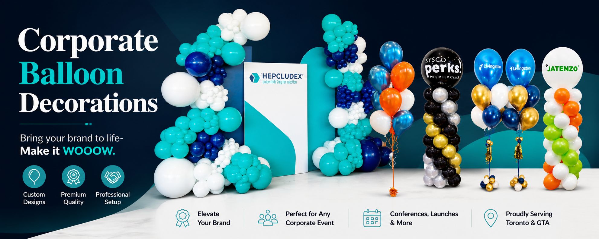 Corporate balloon decorations and branded balloon setups for business events, conferences and activations in Toronto and GTA