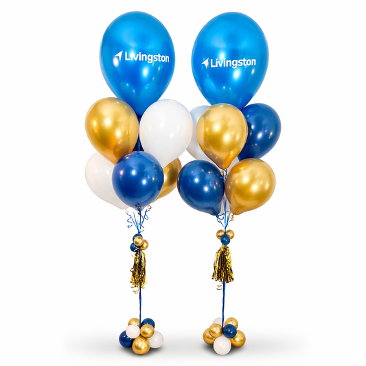Corporate branded balloon bouquets in blue, gold, and white for business events in Toronto by Wooow Balloons.