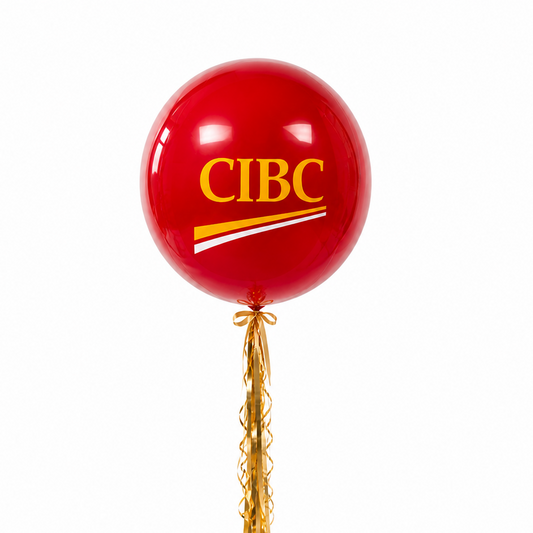 Red orbz balloon with custom logo and gold tassel ribbon, corporate branded balloon decoration Toronto