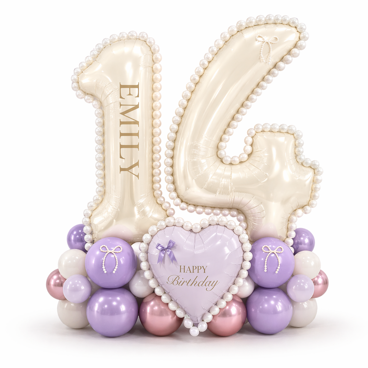 Elegant cream balloon number display with pearl details and pastel balloon base, coquette style birthday balloon decor in Toronto