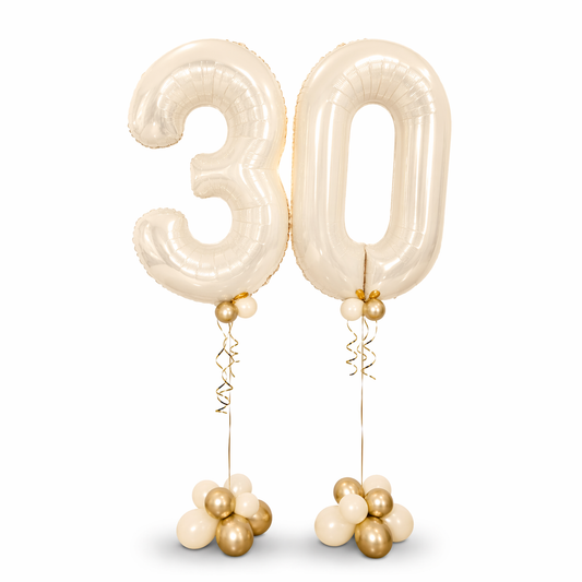 Cream and gold 30 number balloon bouquet with luxury helium balloons, birthday balloon delivery Toronto