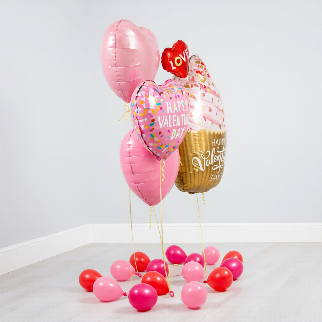 Cupcake balloon in Toronto with heart helium balloons and balloon weights, ready for a cute Happy Valentine’s Day surprise