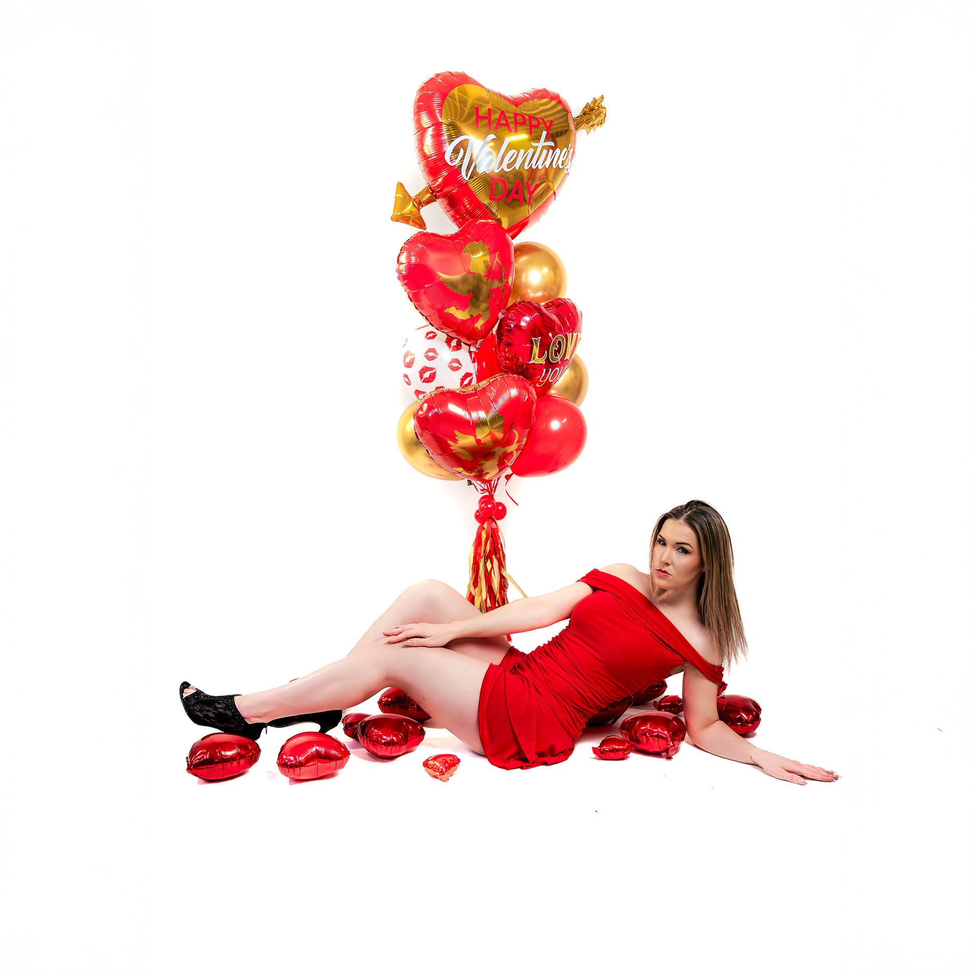 Cupid heart balloons and red gold bouquet for romantic gift delivery in Toronto