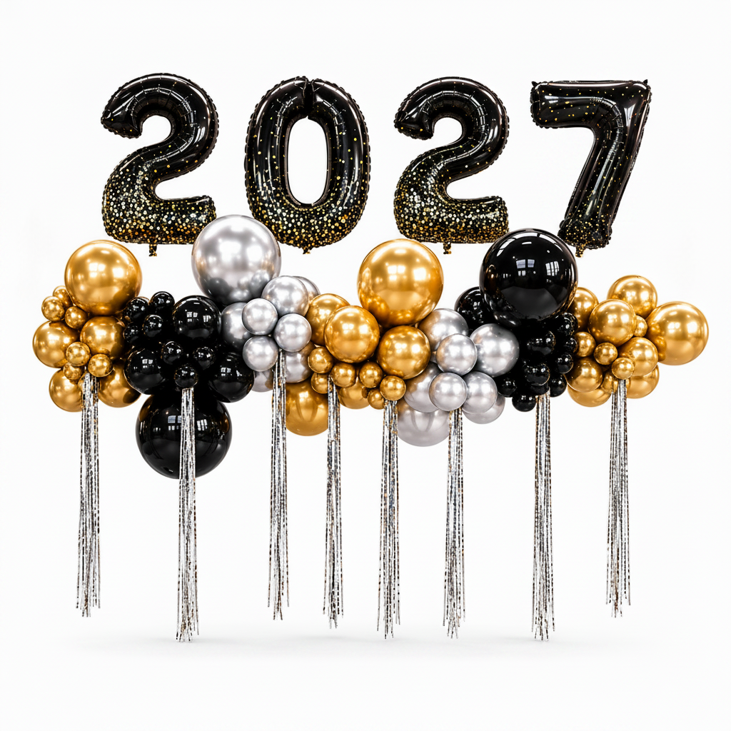 Custom 2027 New Year balloon garland in black, gold and silver for Toronto events by Wooow Balloons.