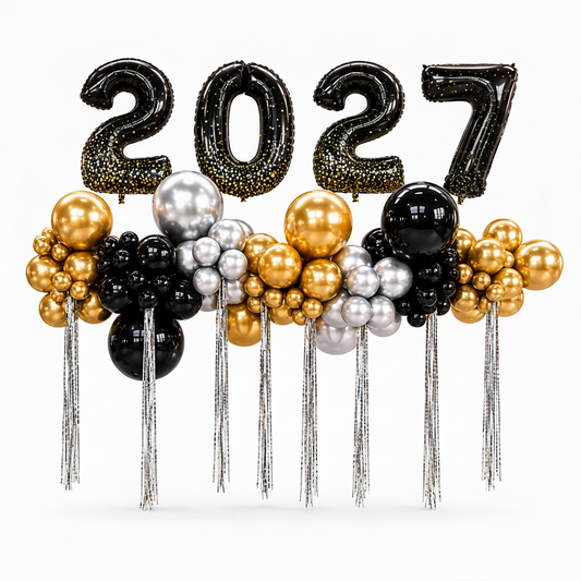 Custom 2027 New Year balloon garland in black, gold and silver for Toronto events by Wooow Balloons.