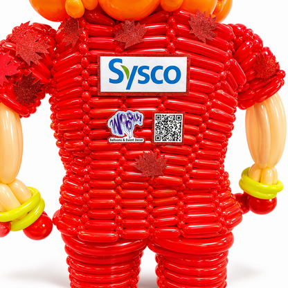 Close-up of custom balloon sculpture in Toronto featuring maple moose design with branded logo and handcrafted balloon details