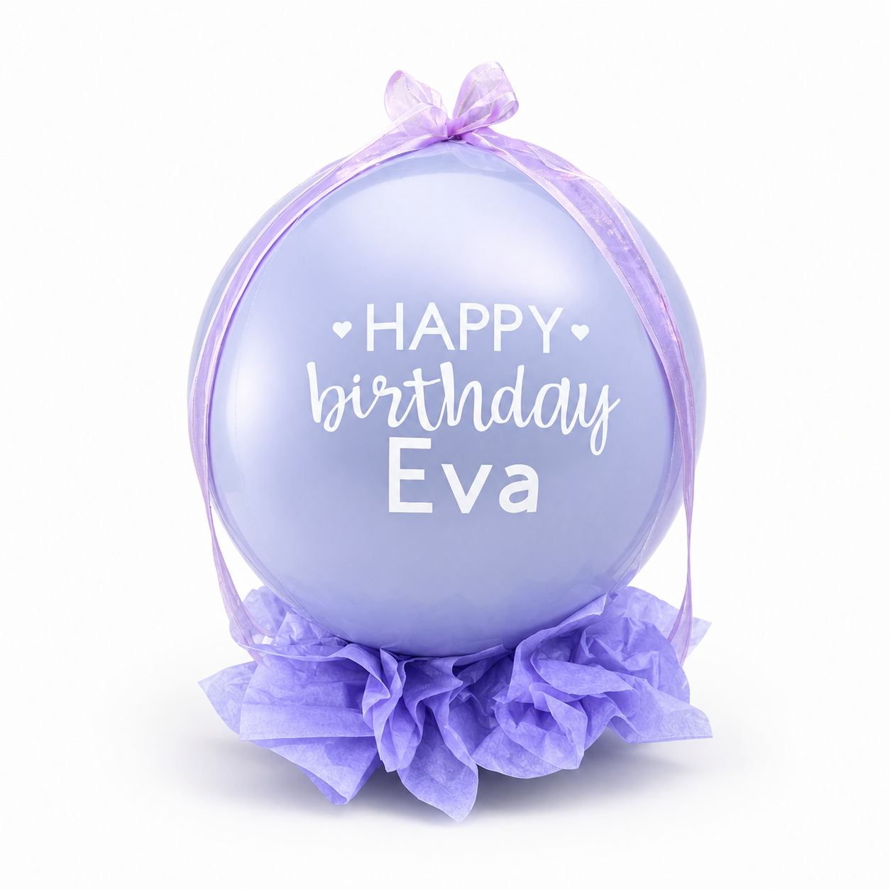 Luxury custom bubble balloon with money gift inside, purple birthday balloon with personalized “Happy Birthday” message, Toronto delivery