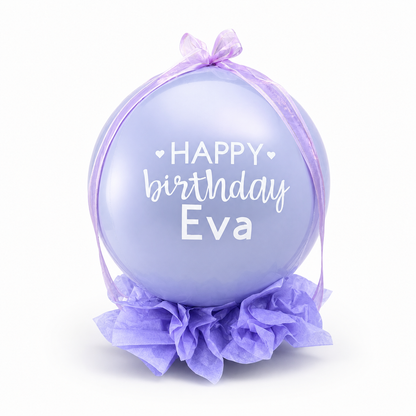 Luxury custom bubble balloon with money gift inside, purple birthday balloon with personalized “Happy Birthday” message, Toronto delivery