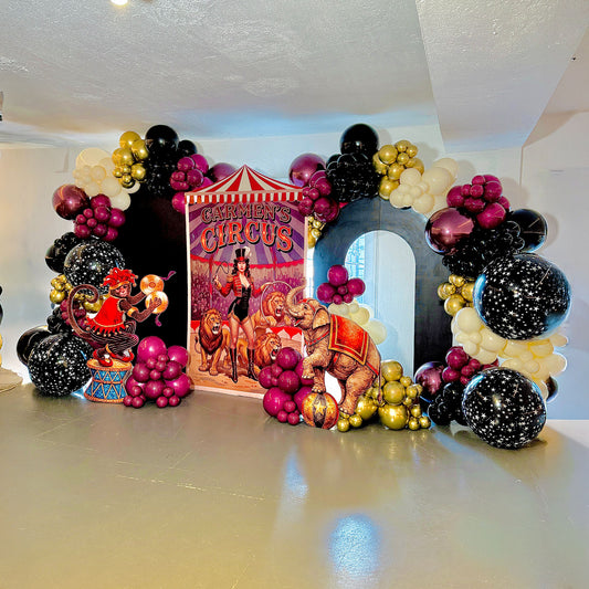 Custom circus birthday balloon installation Toronto with premium event styling