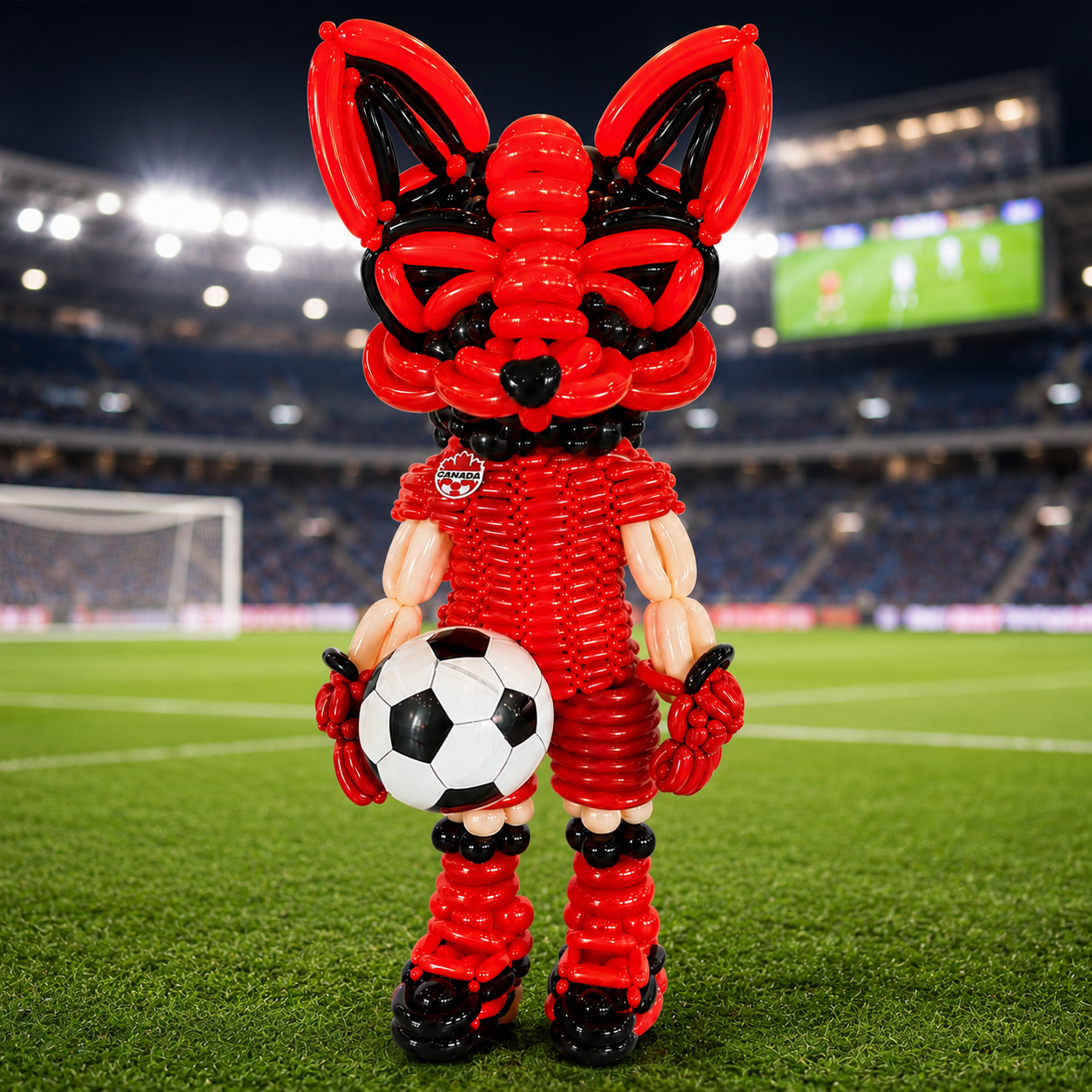 Custom Canada soccer fox balloon mascot sculpture for branded events and corporate activations in Toronto