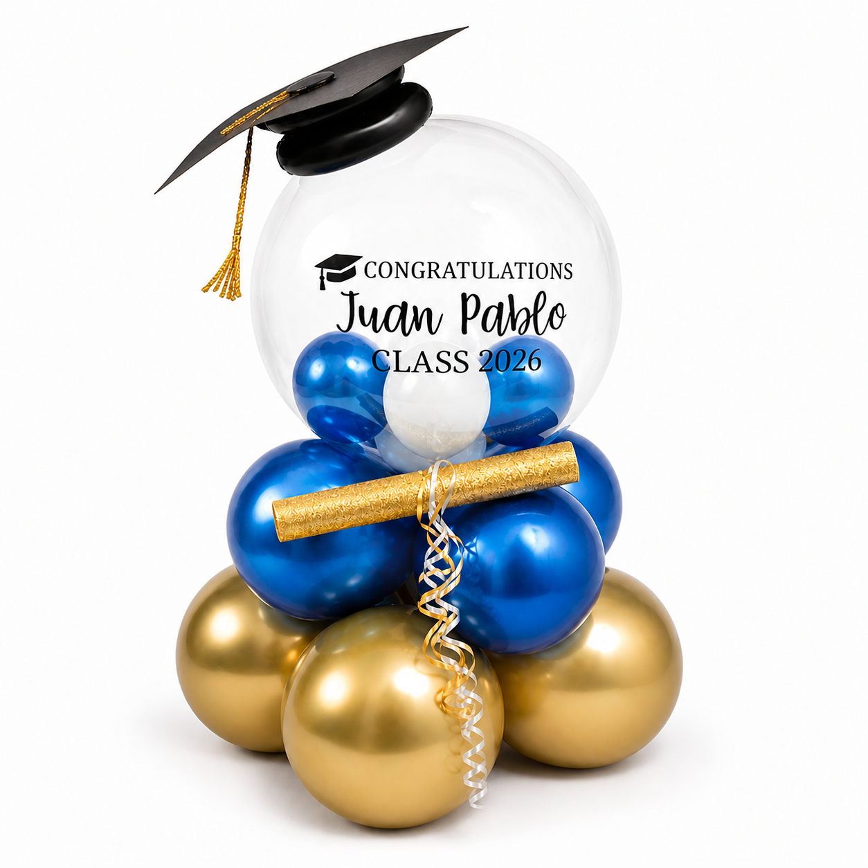 Custom graduation balloon centerpiece with clear bubble balloon, blue and gold balloons and class of 2026 design, graduation gift delivery Toronto GTA