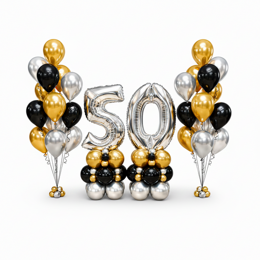 Custom Number Balloons Toronto package with a silver number display and black, gold and silver birthday bouquets by Wooow Balloons.