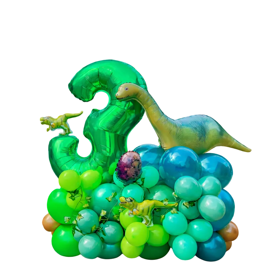 Green dinosaur birthday balloon arrangement with number 3 foil balloon, jungle theme balloons and dinosaur decorations for kids party Toronto same day delivery