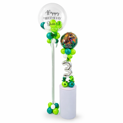 Dinosaur birthday balloons Toronto bundle with personalized bubble balloon silver number and green jungle details