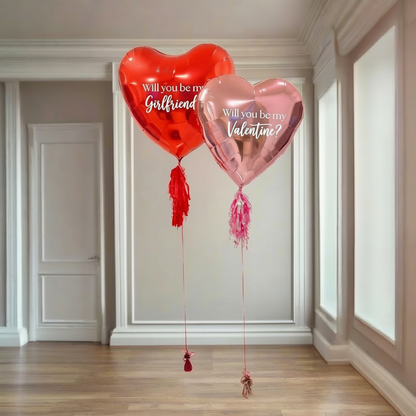 Two 3ft heart balloons with custom text, Valentine’s Day balloons in Toronto setup