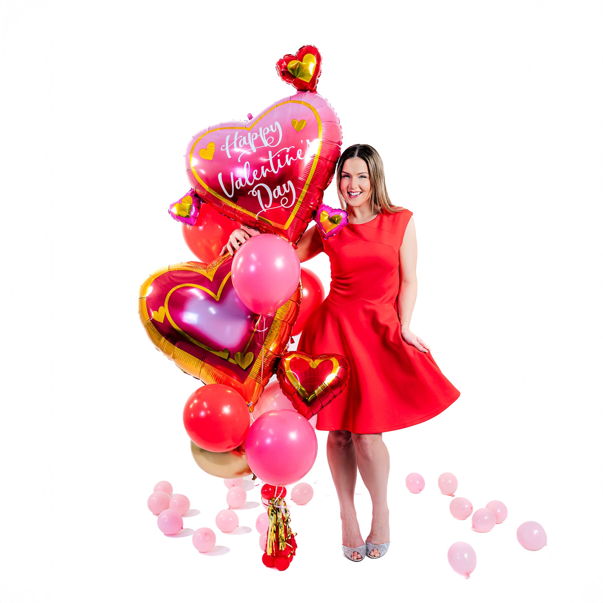 Double Heart Valentine Balloon Bouquet styled for a romantic photo moment – Valentine's Day balloons Toronto