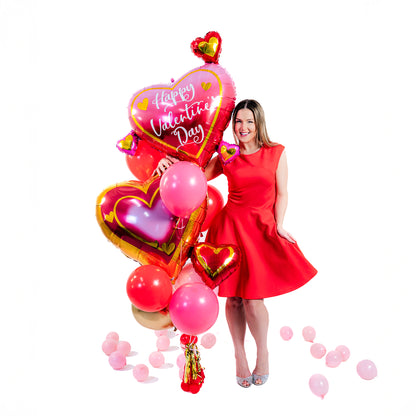 Double Heart Valentine Balloon Bouquet styled for a romantic photo moment – Valentine's Day balloons Toronto