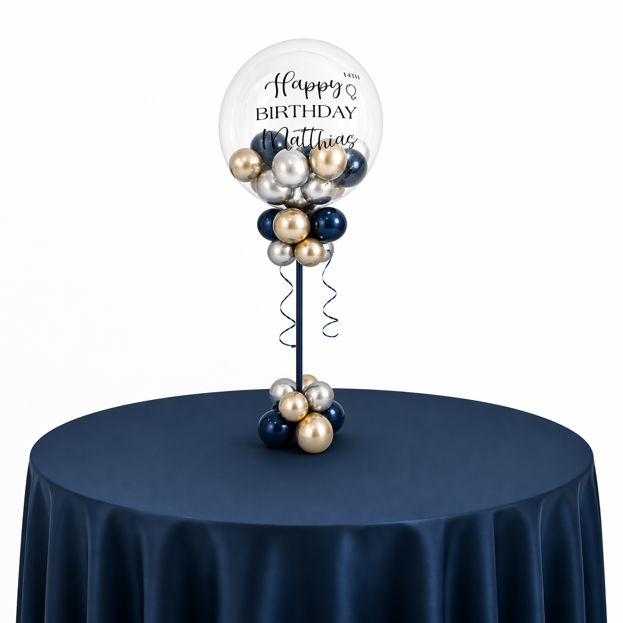 Elegant personalized navy blue, silver, and champagne balloon centerpiece on round table for luxury birthday event decor in Toronto.