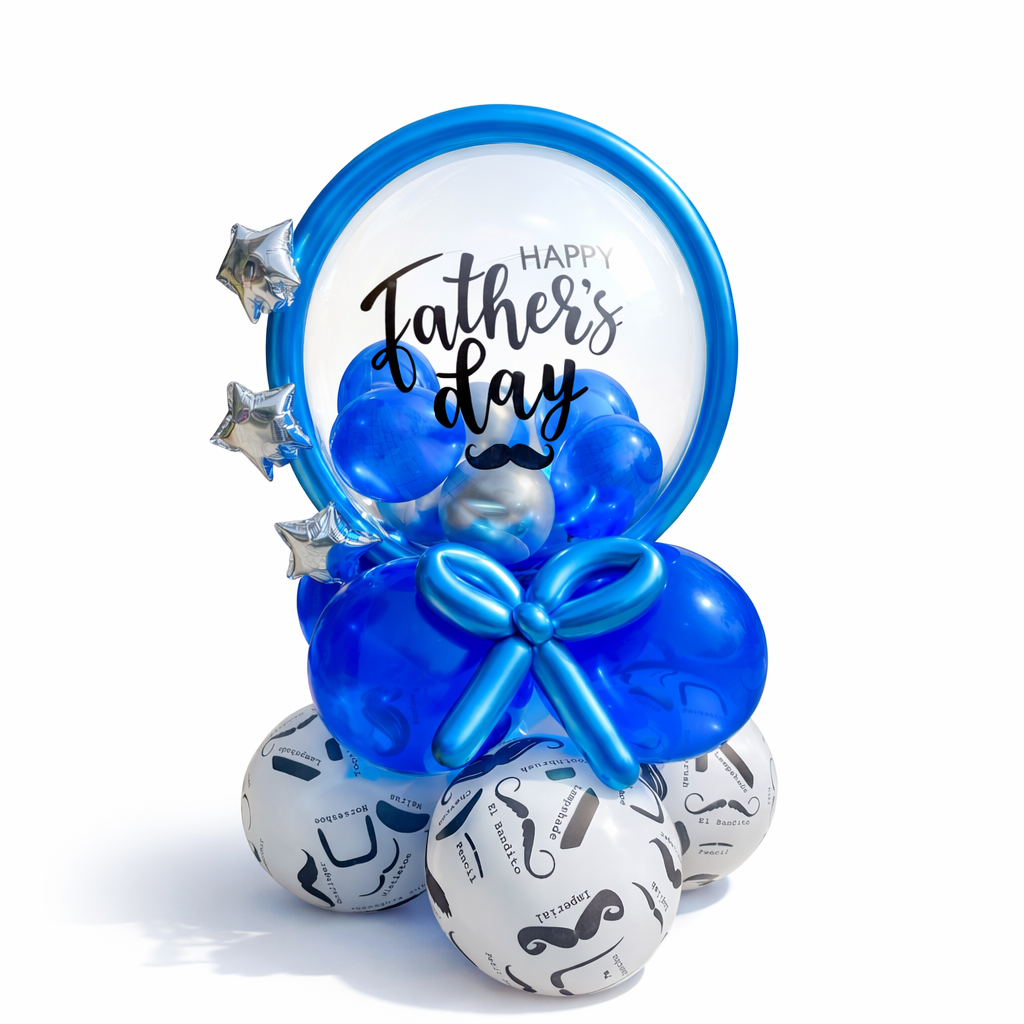 Blue Father’s Day balloon arrangement with bubble balloon, metallic bow, and mustache print base, luxury balloon bouquet Toronto same-day delivery
