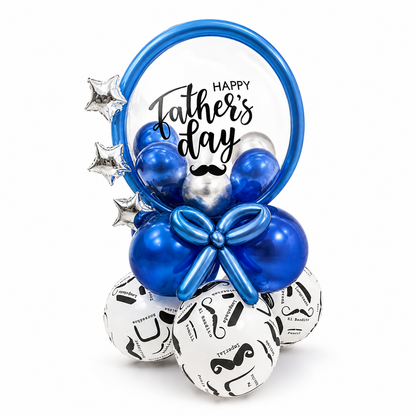 Father’s Day balloon gift with blue bubble balloon and mustache theme, luxury balloon arrangement for dad in Toronto, custom balloon delivery for Father’s Day celebrations