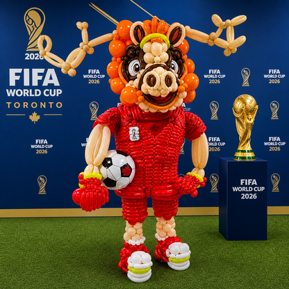 FIFA World Cup 2026 Toronto Maple Moose balloon sculpture with soccer ball in red Canada jersey, custom luxury balloon decor for corporate event display