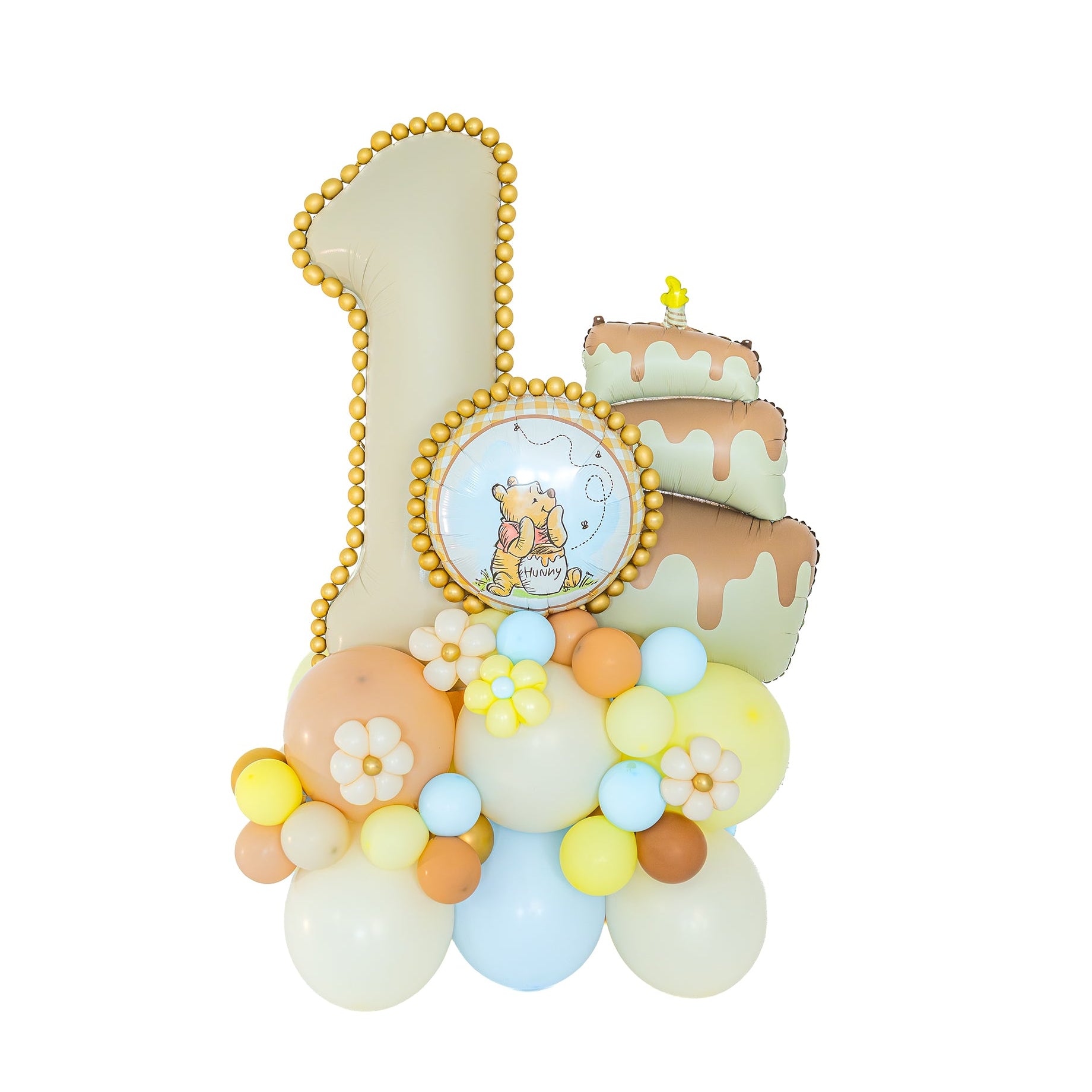 First Birthday Balloons Toronto with number one, honey bear and cake arrangement by Wooow Balloons