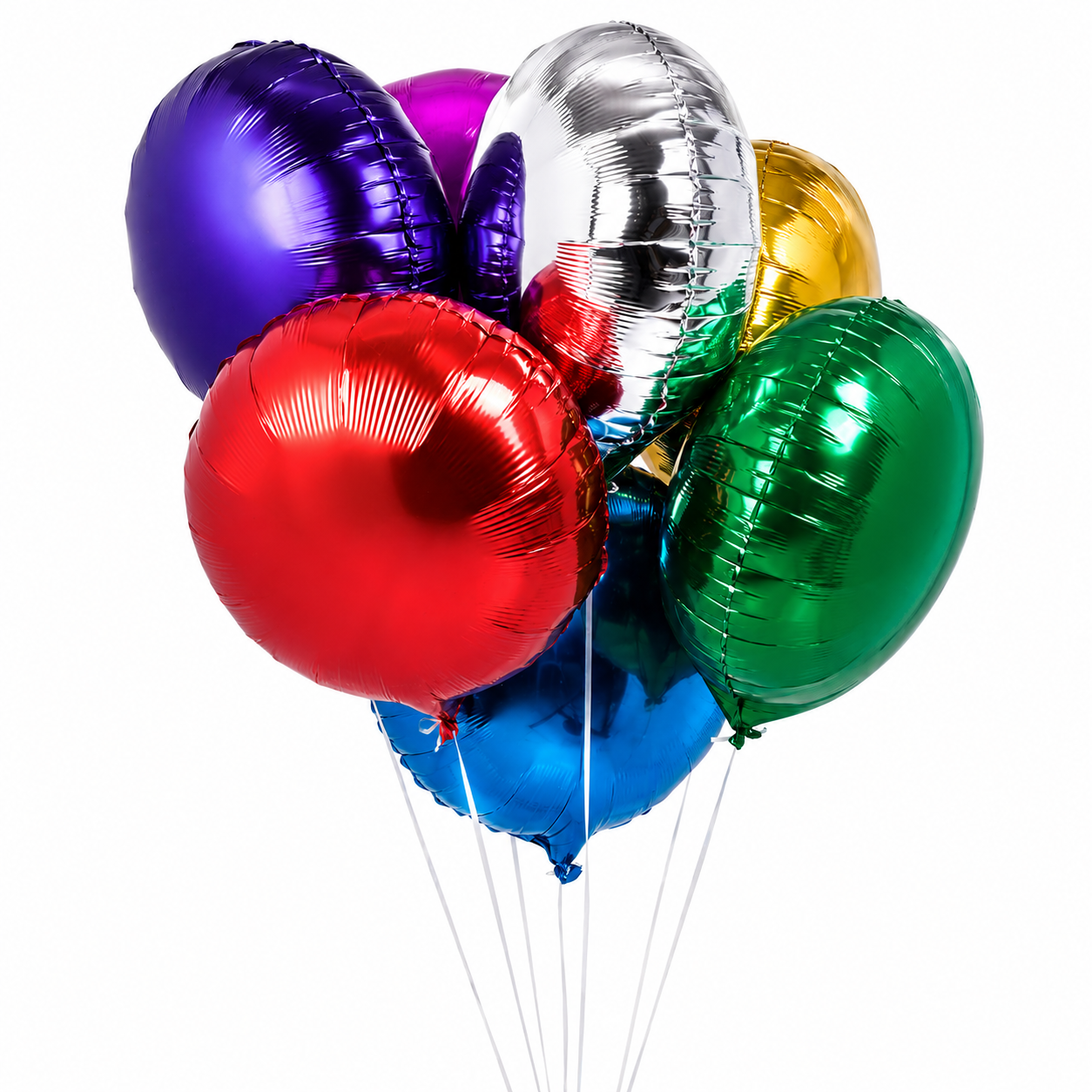 Luxury foil round balloon bouquet with colorful metallic helium balloons on white background for balloon delivery in Toronto and GTA.
