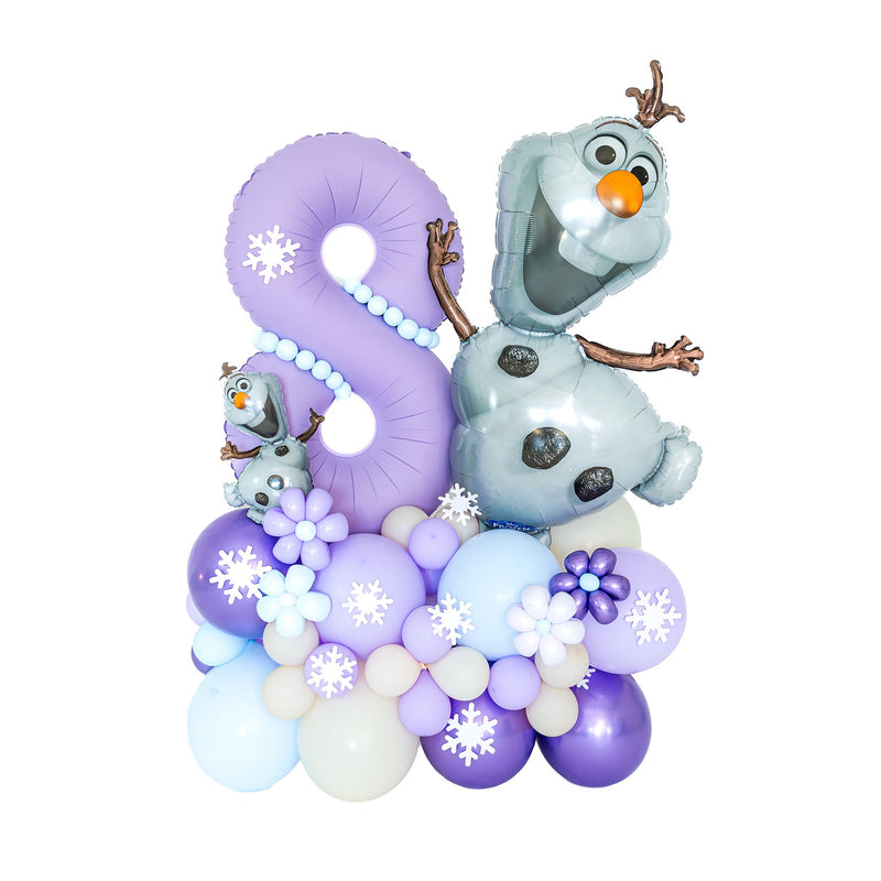 Frozen Birthday Balloons Toronto with Olaf, lavender number eight and snowflake arrangement by Wooow Balloons