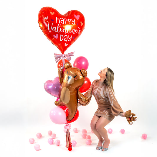 Same day balloon delivery Toronto Valentine bouquet with teddy bear balloon and heart balloons