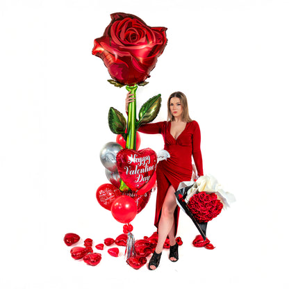 Giant rose balloon bouquet in Toronto with Valentine heart balloons and romantic red accents