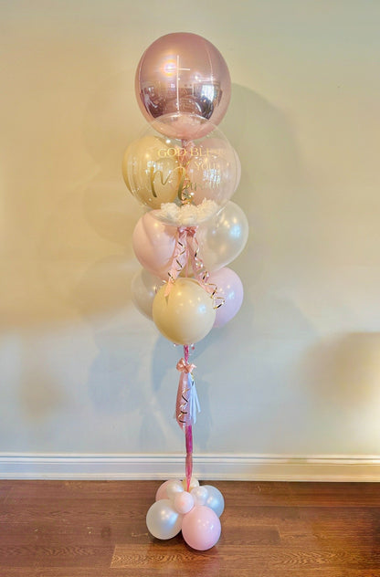 God Bless balloon arrangement with white and gold balloons Toronto