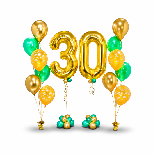 Luxury gold 30th birthday balloon bouquet arrangement with jumbo number balloons and helium balloon clusters for elegant birthday celebrations in Toronto.