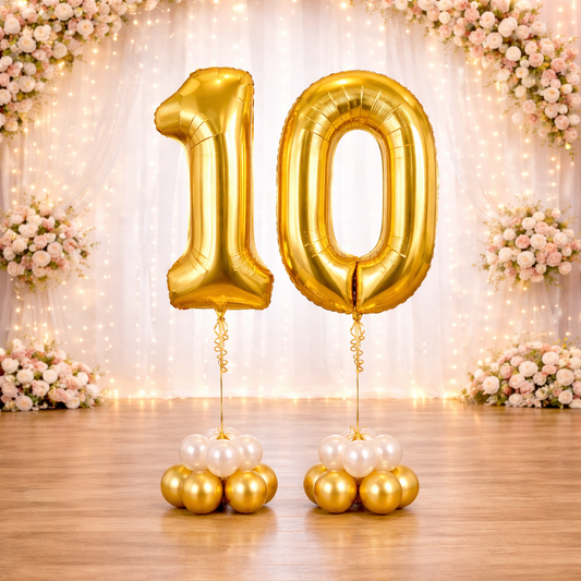gold number 10 helium balloons with luxury party styling