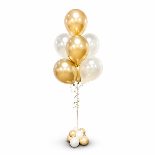 Elegant gold and white helium balloon bouquet with base cluster, luxury balloon delivery for birthdays and events in Toronto