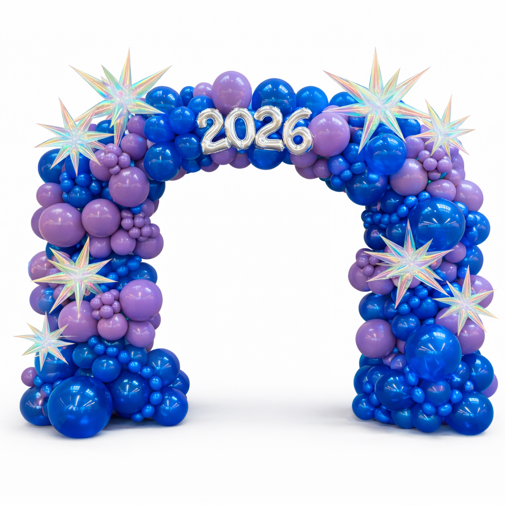 Large blue and purple organic balloon arch installed for a Toronto graduation
