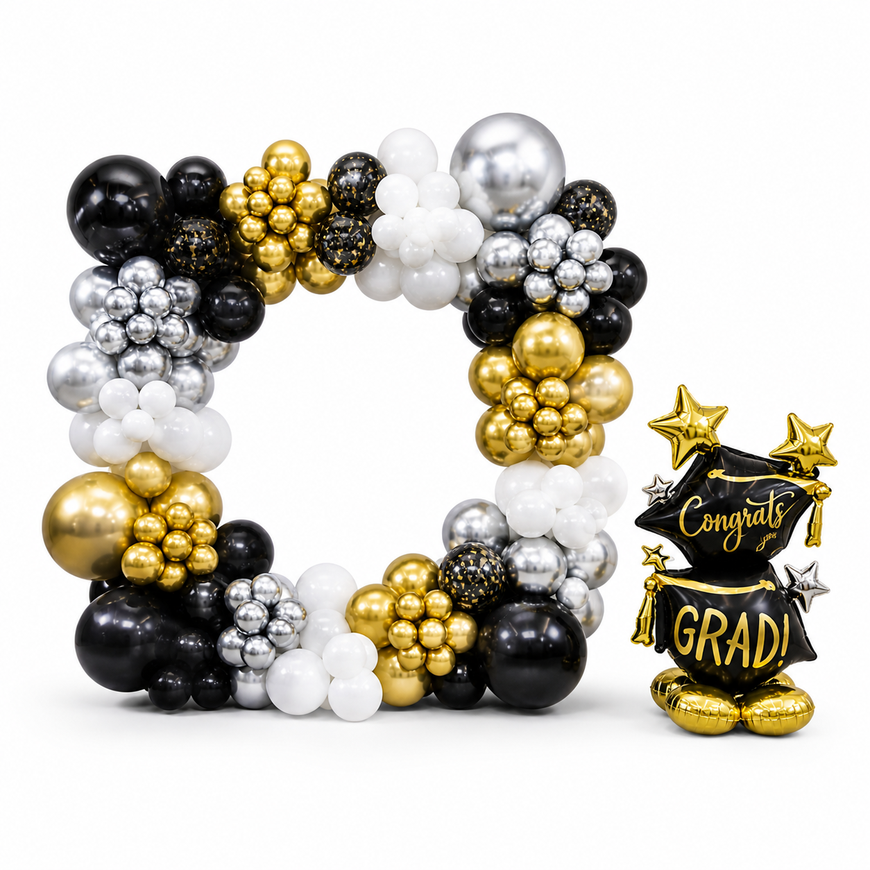 Black, gold and silver graduation balloon arch with congrats grad balloons, luxury event decor setup in Toronto for graduation parties and celebrations