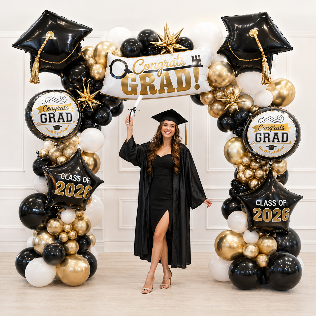 Graduation balloon arch Toronto with luxury black and gold graduation balloons for Class of 2026