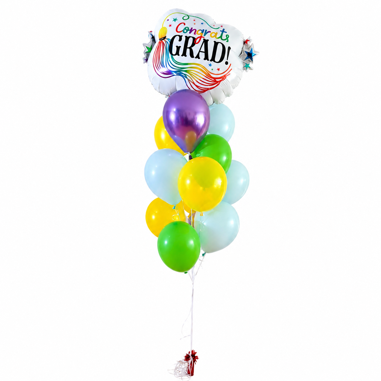 Graduation balloon bouquet delivery featuring colorful helium balloons and Congrats Grad balloon