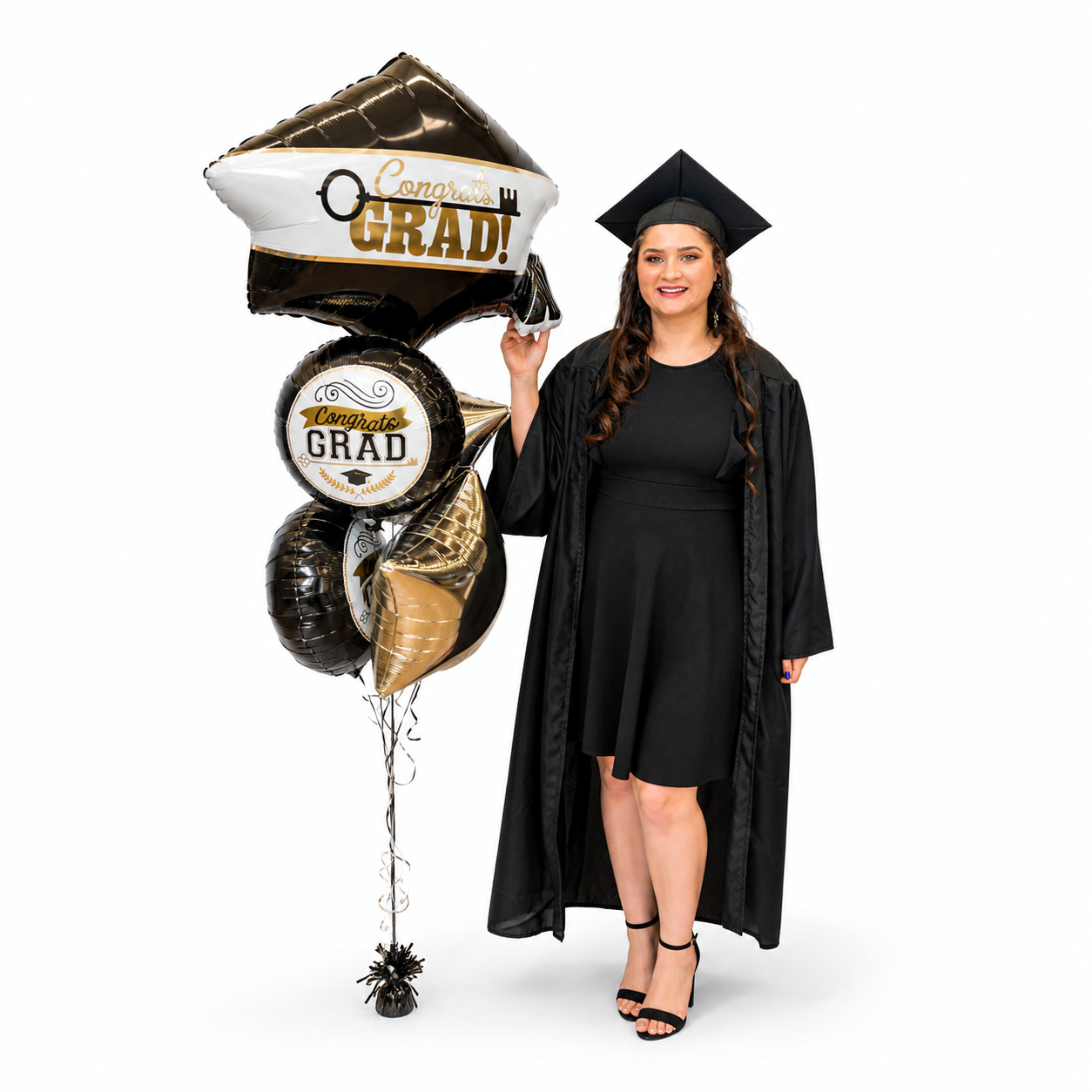 Graduation balloon bouquet with black, gold and white balloons, congrats grad helium balloons for celebration, delivery Toronto GTA