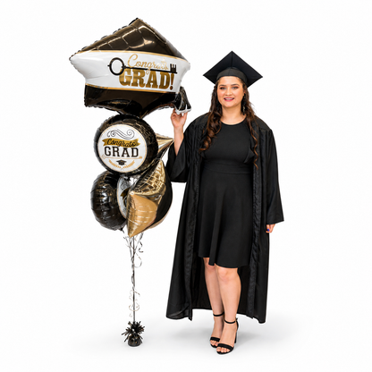 Graduation balloon bouquet with black, gold and white balloons, congrats grad helium balloons for celebration, delivery Toronto GTA