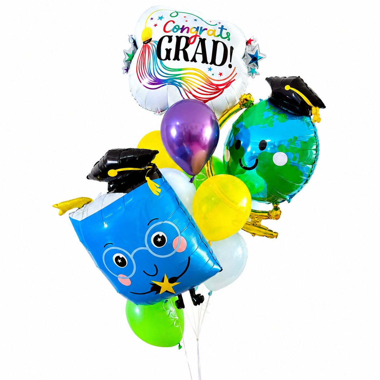 Graduation celebration balloon bouquet delivery featuring colorful graduation balloons and helium balloons