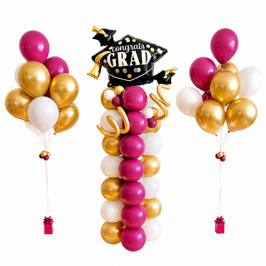 Graduation balloon bundle Toronto with luxury balloon column and helium bouquets in gold white and fuchsia colors