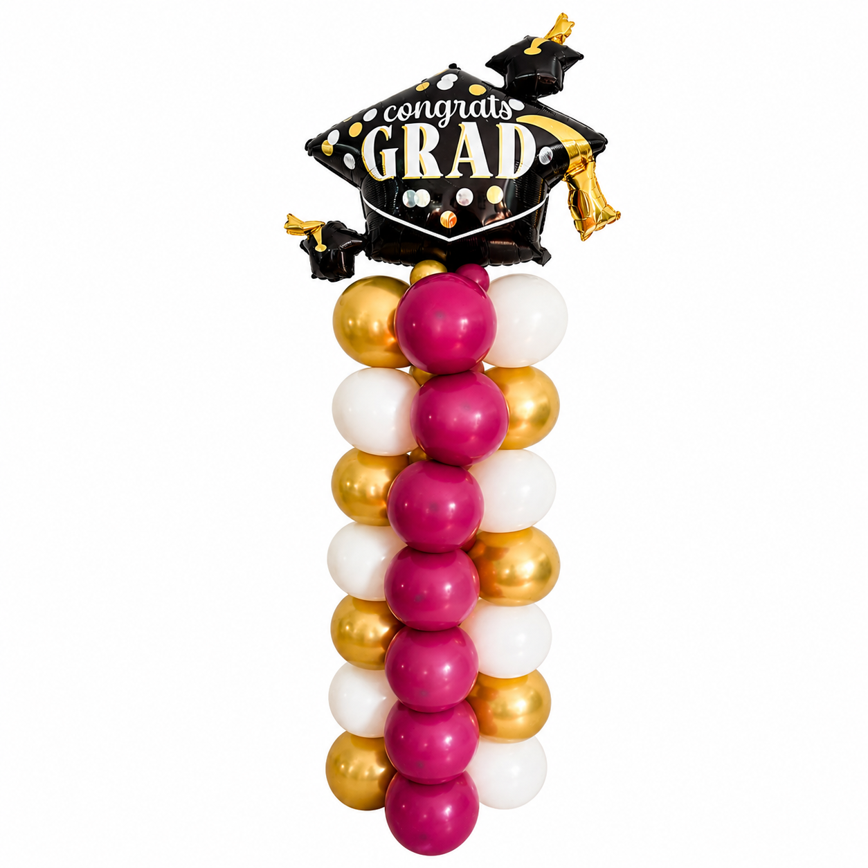 Graduation balloon column Toronto with graduation cap balloon in gold white and fuchsia colors