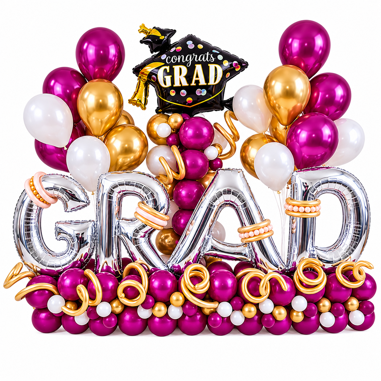 Graduation Balloon Marquee Delivery with giant GRAD letter balloons and luxury decor