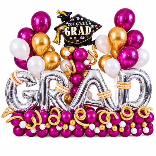 Graduation Balloon Marquee Delivery with giant GRAD letter balloons and luxury decor