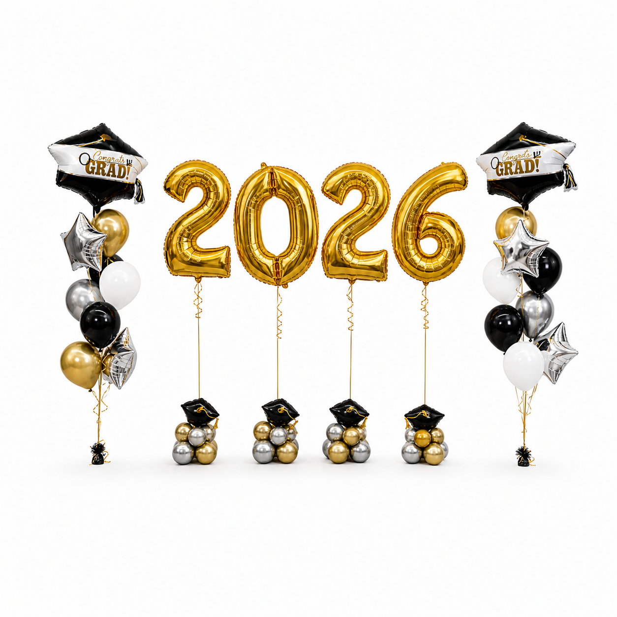 Graduation balloon setup 2026 with gold number balloons and black white decor, luxury grad party balloons Toronto GTA delivery