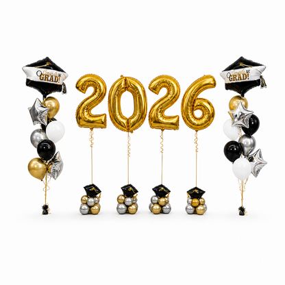 Graduation balloon setup 2026 with gold number balloons and black white decor, luxury grad party balloons Toronto GTA delivery