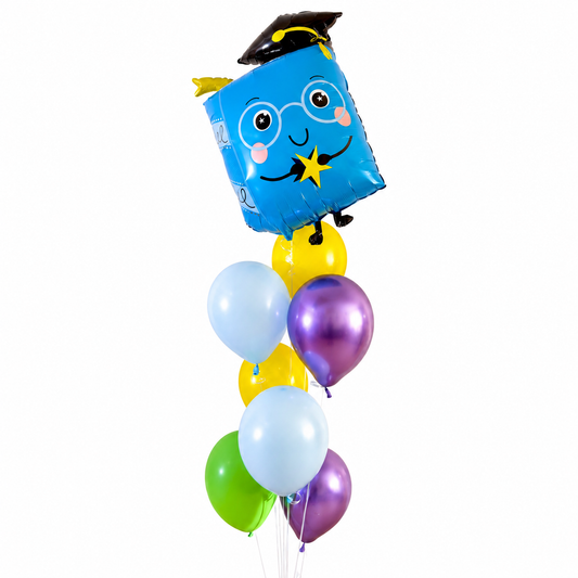 Graduation book balloon bouquet delivery featuring colorful balloons for graduation celebrations